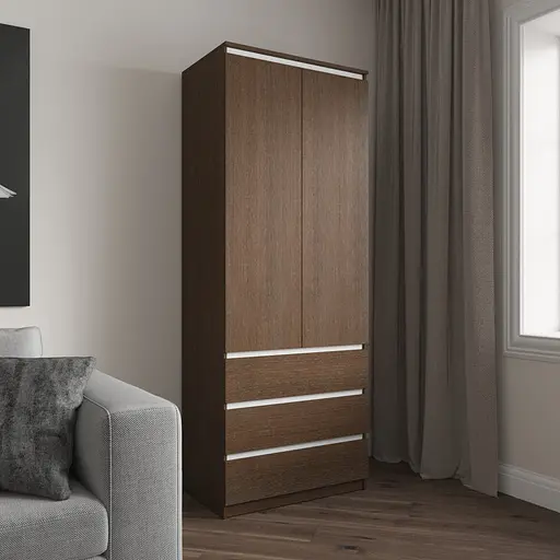 Шкаф для одежды Vays R-16 Венге Темный-Белые планки, 3 ящика, полки, без ручек, ЛДСП, 80×50×211 см – для спальни, гостиной, прихожей