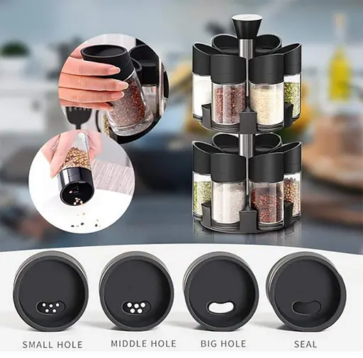 Набор из 12 стеклянных баночек для специй и приправ на вращающейся подставке 360 градусов, дозатор 3 режима Черный 88203 - фото 3