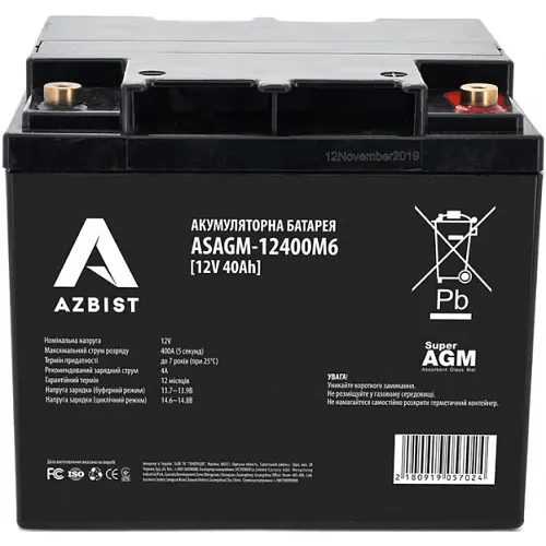 Акумулятор Azbist Super AGM ASAGM-12400M6, Black Case, 12V 40.0Ah Q1