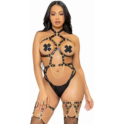 Портупея-тедди из экокожи Leg Avenue Heart Ring harness teddy M Black, подвеска-сердечко, цепи