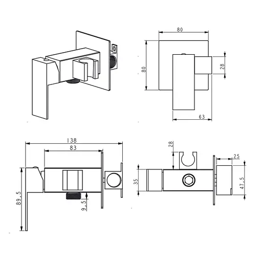 Набор гигиенического душа скрытого монтажа Lidz Kubis 111 Nickel LDKUB111NKS46106 прямоугольный, Нержавеющая сталь - фото 2