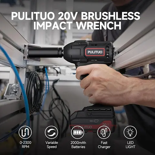 Безщітковий акумуляторний ударний гайковер PULITUO 20 В, 1/2-дюймовий патрон, 2800 об/хв, літій-іонний акумулятор 2,0 Ач - фото 2