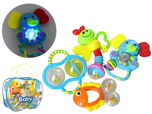 Погремушка прорезыватель, от 12 см, 4 шт. (1 шт. музыка, звук, свет), на батарейках, 20x16x6 см