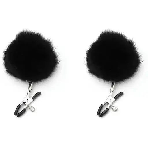 Затискачі для сосків ультрачутливі з хутром Pom Pom Nipple Clamps чорні K0521-1