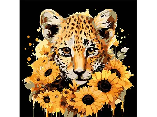 Картина по номерам на черном фоне Strateg Леопард и золотые подсолнухи (30х30 см)