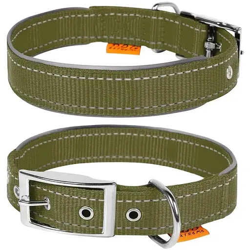 Ошейник для собак Dog Extreme из нейлона двойной со светоотражающей вставкой ширина 20 мм длина 30-40 см хаки - фото 1