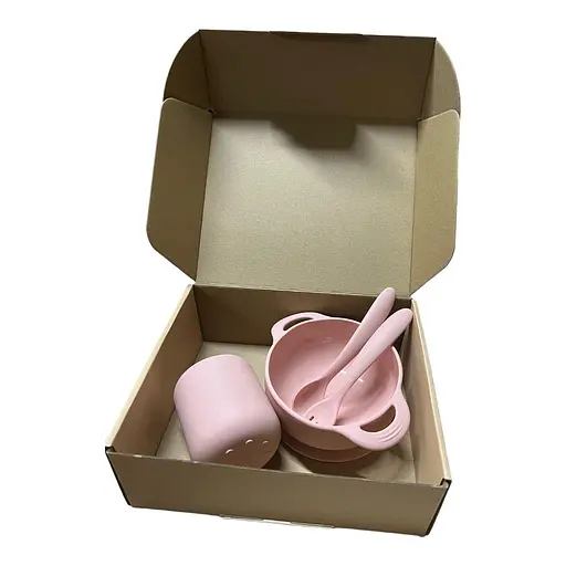 Набор силиконовой посуды OldBro Pink силиконовая тарелка на присоске, кружка и приборы, 4 предмета - фото 2