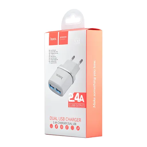 Мережевий зарядний пристрій Hoco C12 Smart dual USB charger ( EU ) 2USB 2.4A Білий - фото 2