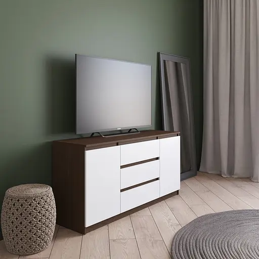 Комод під телевізор Vays R-15 Венге Темний-Білий фасад, 3 шухляди та 2 відділення з полицями, без ручок, ЛДСП, 140×40×75 см - для спальні, вітальні