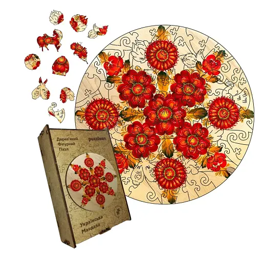 Дерев'яний фігурний пазл Петриківський Розпис Українська Мандала Катерини Каракуці, А5, Дерев'яна коробка 35 елементів