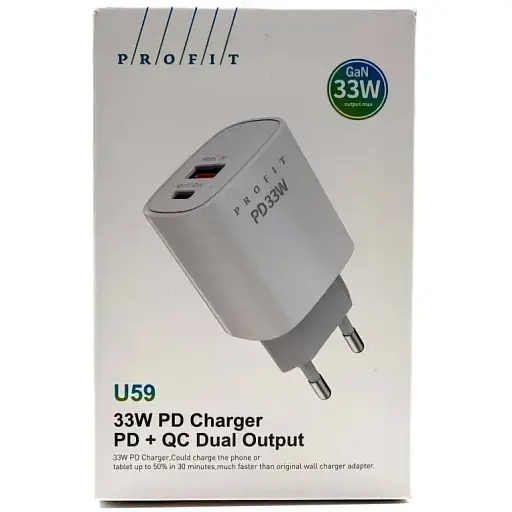 Блок живлення зарядний адаптер Profit U59 33 W 2 виходи USB + Type-C - фото 1