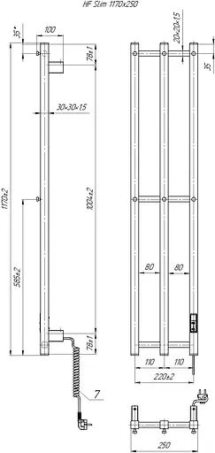 Электрический полотенцесушитель HF Slim 1170x250 white matte 3.164.045798.WM, Белый матовый, нижнее, Электронный - фото 5