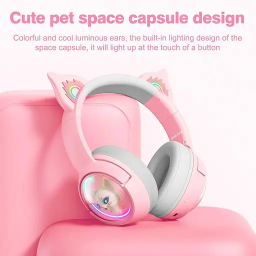 Дитячі ігрові бездротові Bluetooth навушники Onikuma B5 з RGB підсвічуванням і вбудованим мікрофоном Рожевий - фото 7