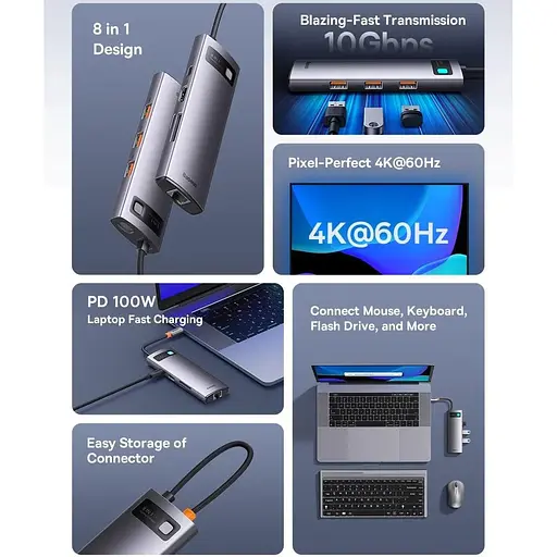 USB type C HUB Baseus 8 in 1 PD100W 4K 60 Гц USB 3.0 10 Гб/с - фото 6