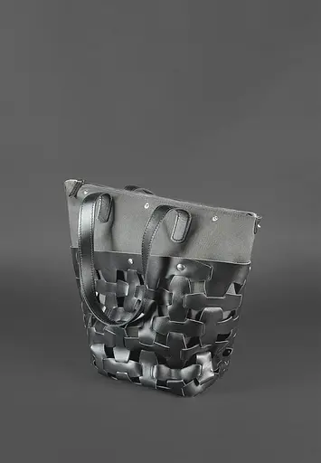 Шкіряна плетена жіноча сумка Пазл L чорна Krast - фото 5