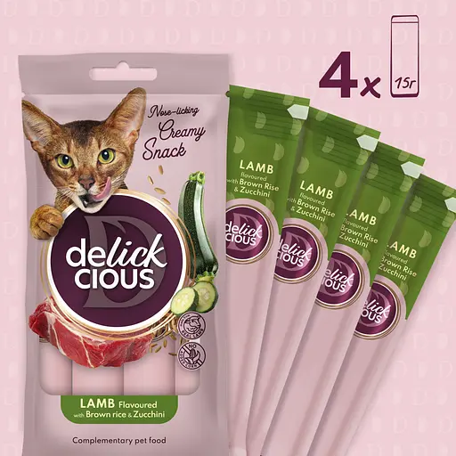 Ласощі кремові для котів Delickcious ягня з додаванням коричневого рису та цукіні 60 г (4х15 г) - фото 9