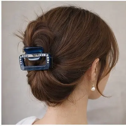 Заколка-краб прямоугольная для волос 5 см со стразами пластиковая с металлическим механизмом Темно-синий - фото 2