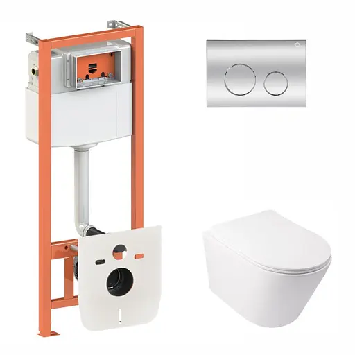 Набор Qtap инсталляция 3 в 1 Nest QT0133M425 с панелью смыва круглой QT0111M11112CRM + унитаз с сиденьем Swan QT16335178W, Белый - фото 1