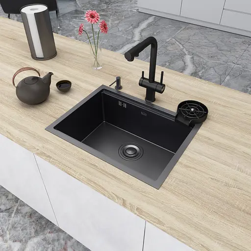 Кухонная мойка черная под столешницу с PVD покрытием многофункциональная Nett NB-5742, Черный - фото 6