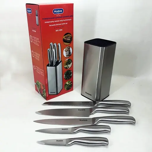Універсальний набір 5 кухонних ножів з підставкою ножі з нержавіючої сталі для кухні Magio MG-1094 Сірий - фото 7