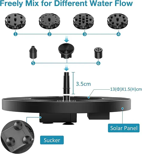 Солнечный насос для фонтана для птичьей ванны AISITIN 1,5 Вт, солнечный фонтанный насос для птичьей ванны с 6 насадками - фото 5