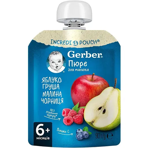 Пюре Gerber Pouch Яблоко, груша, малина и черника 630 г (7 шт. х 90 г) - фото 2