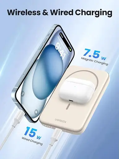 Магнитный Magsafe Павербанк Ugreen PB560 5000 mAh 15 Вт с беспроводной магнитной зарядкой для iPhone бежевый - фото 7