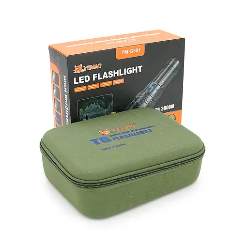Ліхтар пошуковий YEMAO YM-G501 LED PM60, 4 режими, індикація заряду, живлення від 4*18650, IP65, USB кабель, 245х195х90мм, 1,235кг, Black, Чохол+BOX - фото 2
