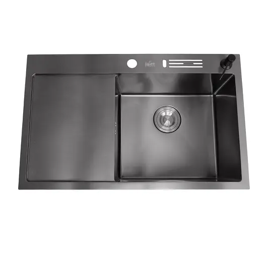 Кухонная мойка черная с левым крылом с PVD покрытием Nett NB-7848(L), Черный - фото 1