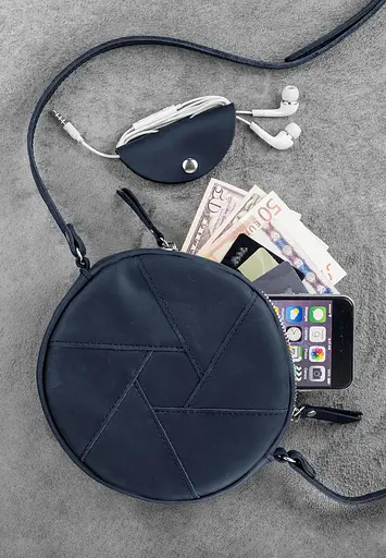 Шкіряна кругла жіноча сумка Бон-Бон синя Crazy Horse - фото 4