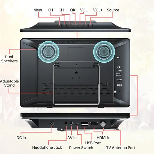 14-дюймовий портативний телевізор Desobry з антеною, невеликий портативний телевізор з тюнером ATSC, міні-ЖК-телевізор - фото 2