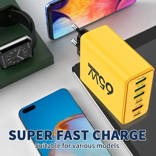 Сетевое зарядное устройство Charger 65 Вт 4-USB + 2-Type-C адаптер для зарядки Yеllow - фото 4