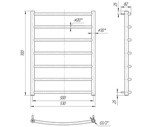 Водяной полотенцесушитель Mario Классик 700x530/500, Хром - фото 2
