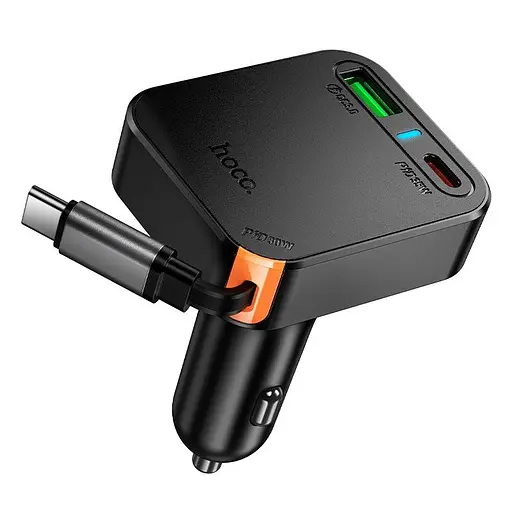Адаптер автомобильный HOCO Guardian car charger with retractable cable NZ18 |1USB/1Type-C, 65W/3A, PD/QC| - фото 2