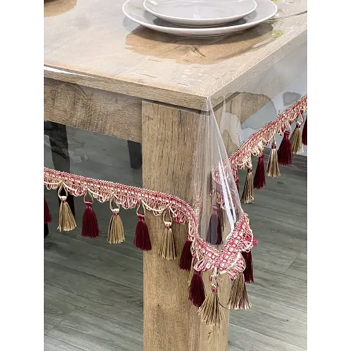 Скатертина силіконова з бордово-молочною бахромою 320х150 см - фото 1