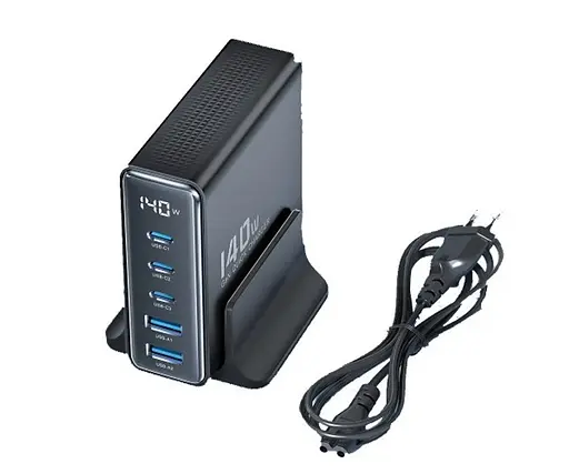 Зарядный адаптер блок питания Toocki 140W QC4.0 3xType-C+2xUSB евровилка черный - фото 1