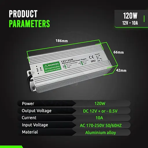 DC 12V 120W LED Driver Водонепроницаемый блок питания IP67 Трансформатор AC230V Открытый - фото 4