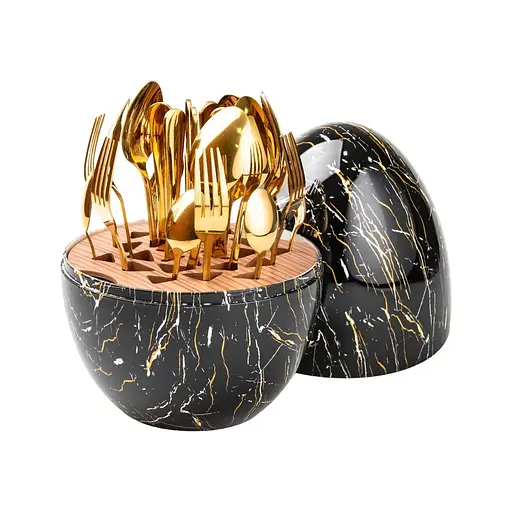 Набор столовых приборов TS Kitchen Черный мрамор на 6 персон из нержавеющей стали золотые 24 штуки в яйце - фото 2