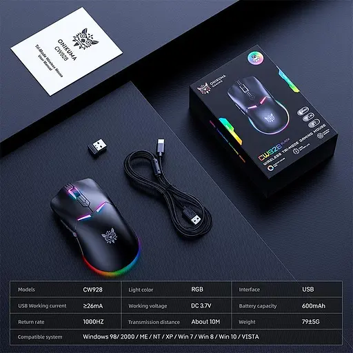 Миша Onikuma Onikuma RGB Tri-Mode Gaming Mouse CW928 |2.4G/BT/Type-C, 800-12000DPI| - фото 2