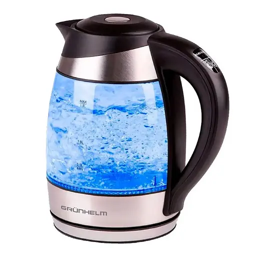 Дисковой стеклянный электрочайник Grunhelm EKG-25012 1,8л LED RGB подсветка 2200Вт Черный/Серый - фото 1