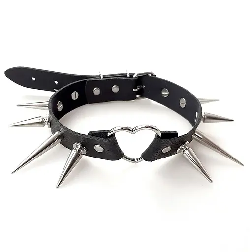 Чокер Art of Sex - Crystal Серце з великими шипами, із натуральної шкіри, колір Чорний