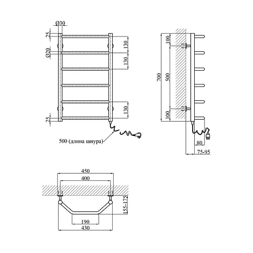 Рушникосушарка електрична Kroner Трапеція ДТER 700x400/6 ER CV026134, Хром, Праве - фото 2