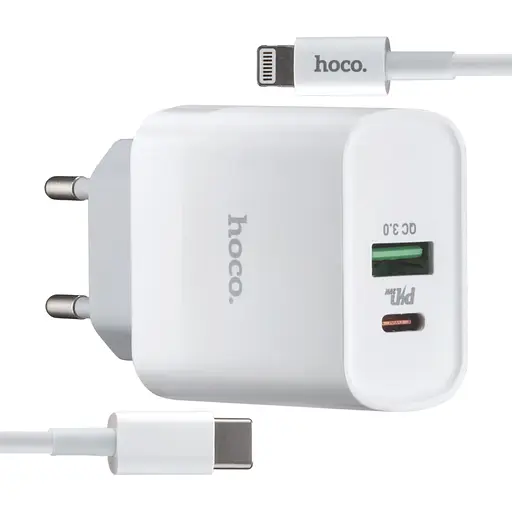 Сетевое зарядное устройство Hoco C80A Rapido PD20W + QC3.0 charger set Type-C to Lightning (EU) Белый - фото 1