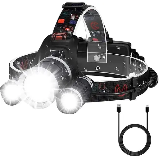 Налобный фонарь Rantizon Аккумуляторная фара с 3 лампами, 4 режима, суперяркая светодиодная лампа мощностью 6000 люмен, фонарик
