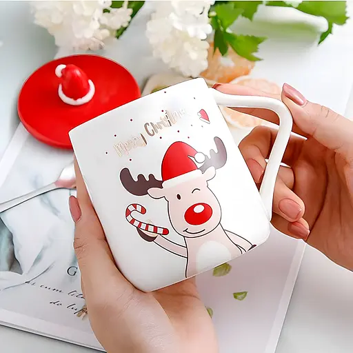 Новогодняя чашка с крышкой и ложкой С Рождеством Олень керамика 360 мл Белая с красным - фото 5