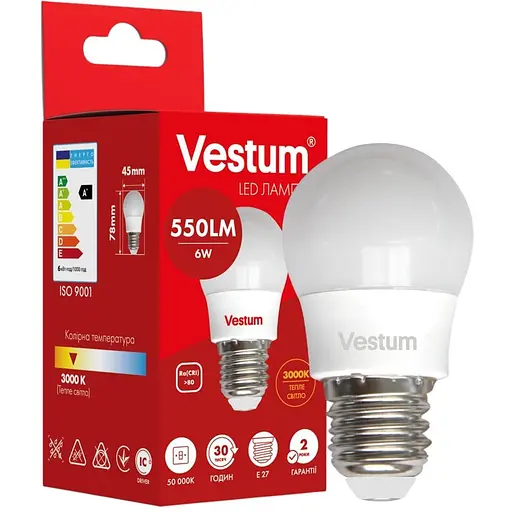 Світлодіодна лампа Vestum G45 6W 3000K 220V E27 1-VS-1202