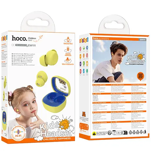 Навушники бездротові Hoco TWS EW111 вакуумні дитячі жовтий - фото 5