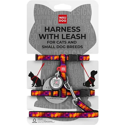 Шлея з повідцем для котів та дрібних порід собак Waudog Nylon з QR паспортом, малюнок "Куби 3Д", пластиковий фастекс, XS