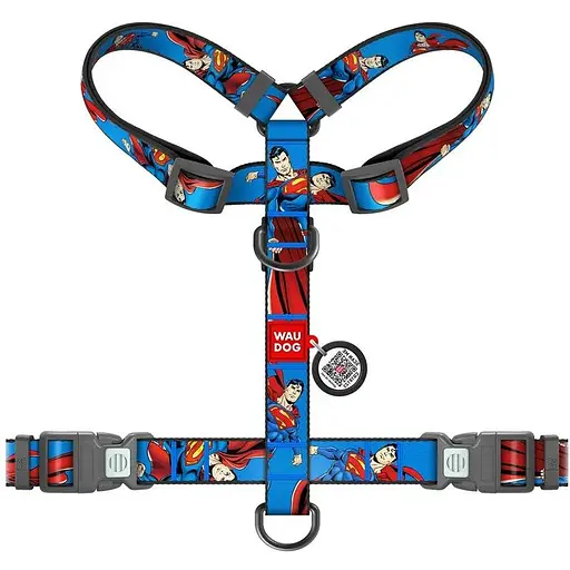 Шлея для собак Waudog Nylon анатомічна H-подібна з QR-паспортом, малюнок "Сила Супермена", пластиковий фастекс, М - фото 2