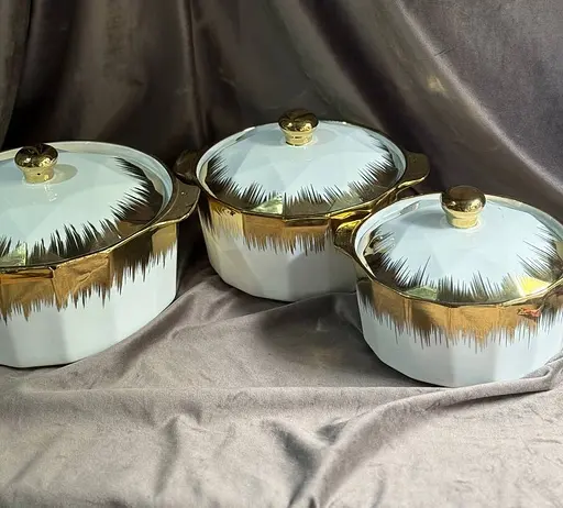 Набір супниць керамічних із кришками 3 шт 1,5 л 2,5 л 3,5л Білий із золотистим декором - фото 7